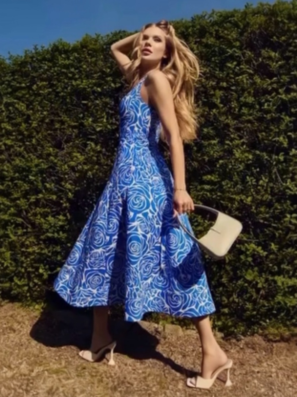 Milly Nia Blue Rose Floral Print Poplin Square Neck Women’s A-line Midi Dress